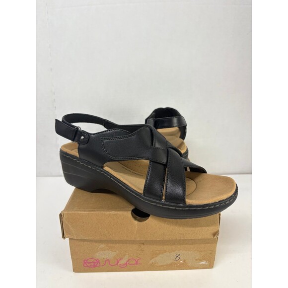 Clarks Merliah Echo Heeled Black Leather Open Toe Sandals Women's Shoes Size 8M - Picture 1 of 6